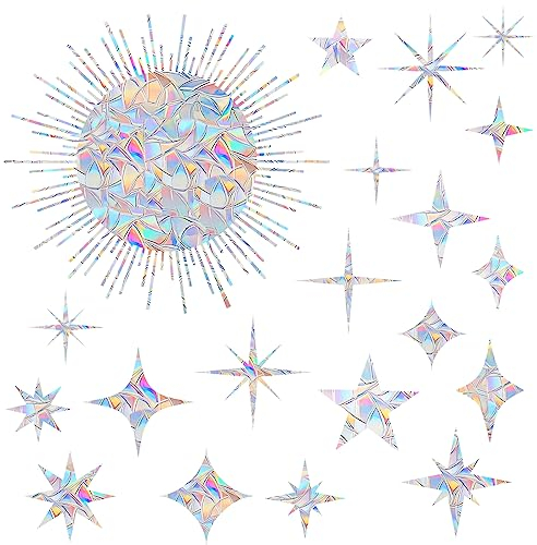 20 Star and 1 Sun Window Decals for Bird Strike Prevention - Reusable Rainbow Suncatcher Clings to Save Birds, Non-Adhesive Anti-Collision Stickers, Easy Remove No Residue