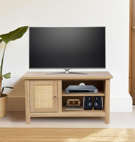 Hallowood Furniture Newquay Small TV Stand with Rattan Front, Oak Effect Wooden TV Unit with 1-Door Compartment and Open Shelves, Television Cabinet for Living Room or Bedroom