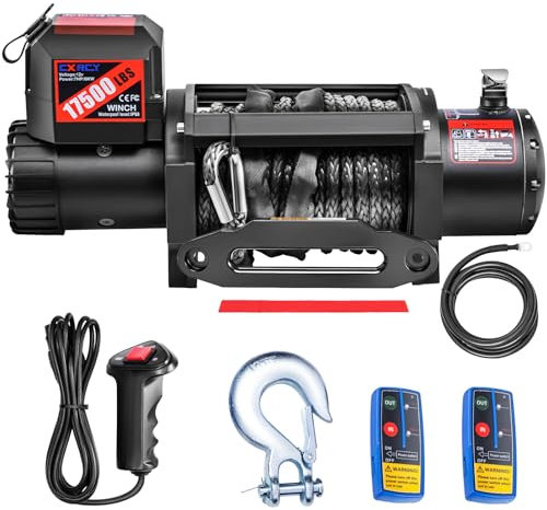 CXRCY 12V Electric Winch,17500LBS Load Capacity Synthetic Rope Towing Winches for Jeep Truck SUV,with Wired Handle and Wireless Remote