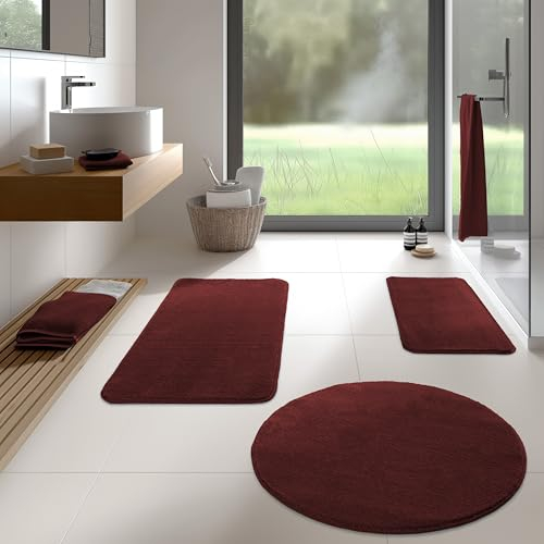TA&MA Store Badezimmerteppich | Badezimmer Teppiche rutschfest waschbar – Hochwertige Badematte & Badteppich - Badematte als Set kombinierbar - Teppich Badezimmer Rot 80 cm rund