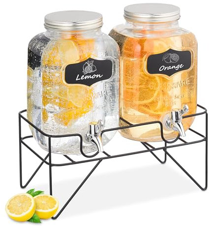 Relaxdays 2 Dispenser in Vetro per Bevande, Erogatore da 4 L con Rubinetto e Supporto, Distributore Acqua e Limonate