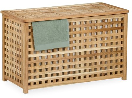 Relaxdays Wäschetruhe, herausnehmbarer Innensack, 90 l, HBT: 47x78x48 cm, Wäschesammler mit Deckel, Walnussholz, natur