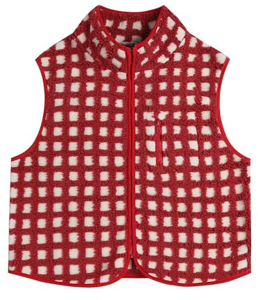 Women's Checkered Polar Fleece Vest Sleeveless Cardigan Fleece Zip Up Plaid Gilet Winter Red Sherpa Warm Outfit Gift (Red M)