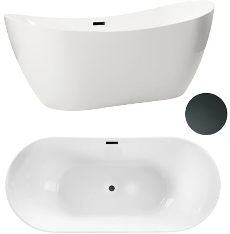 Aquauno - Baignoire autoportante en acrylique sanitaire de qualité supérieure - 170 x 72 cm - Avec bonde clic-clac, trop-plein, couvercle, bonde en noir - Design moderne pour baignoire autoportant