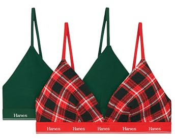 Hanes Womens Originals Triangle Bralette Pack, Breathable Stretch Cotton Bras, Wireless Bra, 2-Pack, Twill Plaid Print/Grasslands Green, XXL