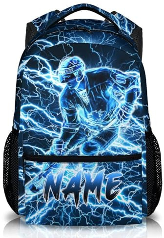Boys Personalised Ice Hockey School Backpack – Custom Name Sport Bag for Nursery, Primary & Secondary – Lightweight Bookbag with Lightning Design – Optional Matching Lunch Bag & Pencil Case