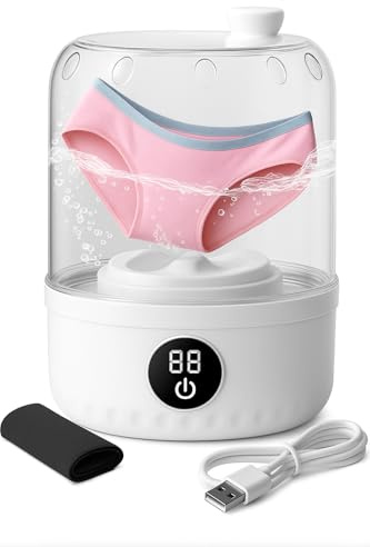Portable Mini Washing Machine 1L – Rechargeable Small Laundry Washer for Underwear, Baby Clothes & Travel | Compact Countertop Laundry Cleaner with LED Display, Waterproof Design – White