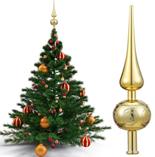 Julgransspets guld 24 cm – skimrande julgran i plast, lätt och hållbar, elegant dekoration för konstgjorda eller riktiga julgranar – julträddekoration för D