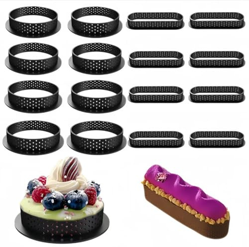 16 Pcs Mousse Tartlet Moulds Set - Perforated Round & Oval Cake Rings, Non-Stick Baking Moulds with Ventilation Holes for Desserts, DIY Pastry Making