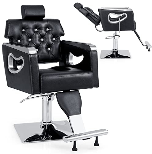 GOPLUS Fauteuil de Barbier, Chaise à Coiffure Inclinable avec Pompe Hydraulique, Hauteur et Dossier & Appuie-tête Réglables, Rotation à 360°, pour Maquillage & Tatouage, Charge 150kg