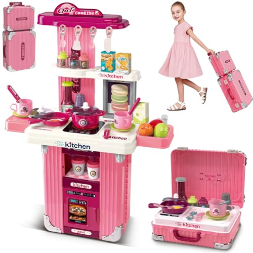 BAKAJI Playset Cucina Giocattolo Trolley 2 in 1 Trasformabile in Cucinino da Campo, Valigetta Cucinina Giochi di Imitazione con Tantissimi Accessori Realistici per Bambini e Ragazzi, Idea Regalo