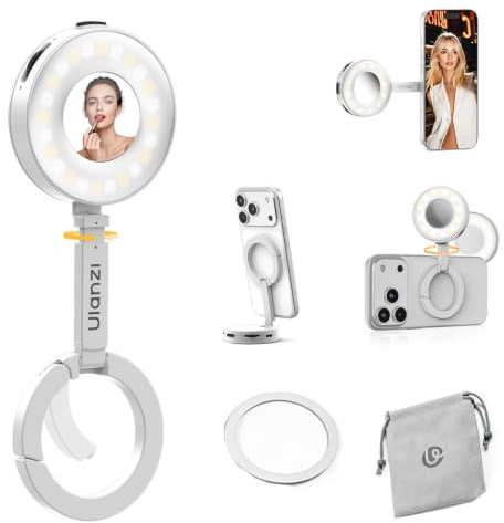 ULANZI ML05 Magnetiskt selfieljus för iPhone, dubbel magnet LED-ringljus med spegel, 9 000 K CRI≥97, vidvinkelbelysning, mobiltelefonljus perfekt för resevlogar, foto- och videoinspelningar (Vit)