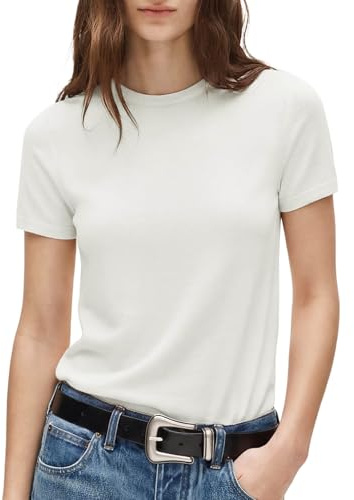 SUUKSESS Women Silk Cashmere Blend Crew Neck Short Sleeve Sweaters Casual Blouse White