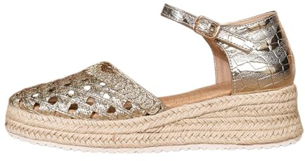 Sandales fermées à talon compensé pour femme - Sandales à lanières dorées - Boucle réglable - Sandales compensées antidérapantes - Sandales d'été antidérapantes - Semelle en lin - Chaussures de soirée