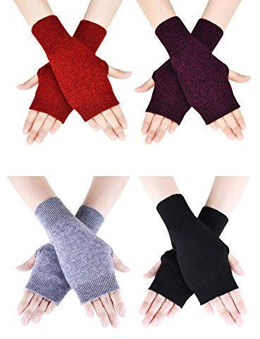 Tatuo 4 Pairs Wool Blend Fingerless Gloves Wrist Warmers with Thumb Hole for Women and Men(Color Set 7)