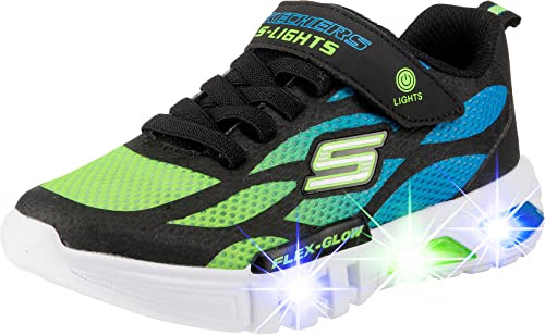 Skechers Flex-Glow DEZLOM, Baskets Garçon, Noir Synthétique/Textile/Bleu & Lime Garniture, 29 EU
