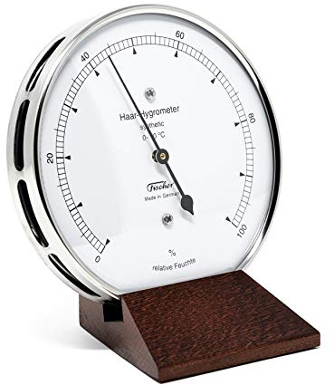 Fischer 122.01-22 - Haar-Hygrometer synthetisch - 103mm Feuchtemesser aus Edelstahl mit Holz-Standfuß Made in Germany