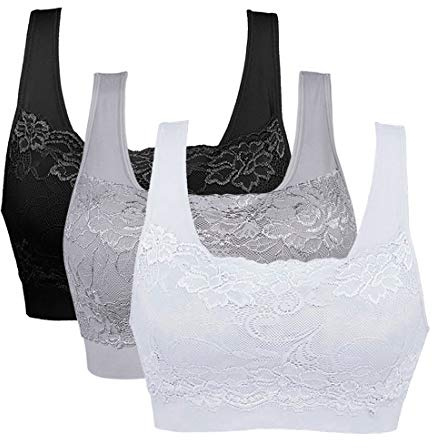 Vertvie dam stretch-bh utan byglar, push-up, yoga, sport bh, toppset för träning, stoppning, 3-pack, Svart + vit + ljusgrå, S