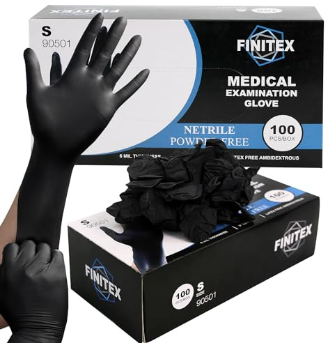 FINITEX Black Nitrile Disposable Medical Exam Gloves - Box of 100 PCS 6mil Powder-Free Latex-Free For Examination Home Cleaning Food Glove (Small)