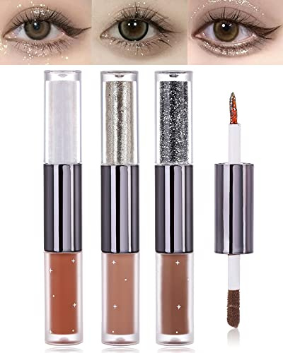 Liquid Matte Glitter Eye shadow,Shimmer Matte Liquid EyeShadow Kit – 3 Pcs High Pigmented Velvet Cream Eyeshadow Eyeliner Stick, Quick Drying Long Lasting Create Multi Dimensional Korean Eye Makeup-B