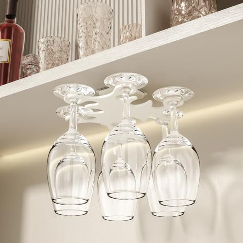 Vaisoeny Wine Glass Rack, 360° Rotating Glass Holder, No Drilling Hanging Under Shelf, Easy Install for Kitchens and Bars (White)