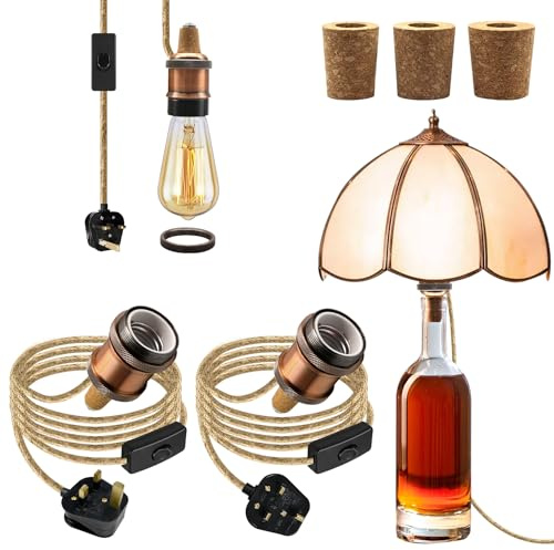 Bottle Lamp Kits, 2Pcs Lamp Kits for Do It Yourself, 8Ft Rose Gold Bottle Lamp Adaptor Kit E27 Ceramic Bottle Lamp Holder Brass Wine Bottle Table Lamp DIY Lampshade Kit for Home,3 Types of Bung