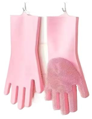 GOOZHI Gants en caoutchouc pour le ménage, Lot de 5 paires de gants de vaisselle en silicone réutilisables en caoutchouc, à poils souples, for le nettoyage et le lavage(Pink)
