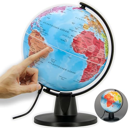 ORBIT Globes & Maps - Schülerglobus - 16cm Mini-Leucht-Globus mit stabilem, schwarzem Standfuß, Kartenbild 2025 politisch mit LED Leuchte, aktuelles deutsches Kartenbild