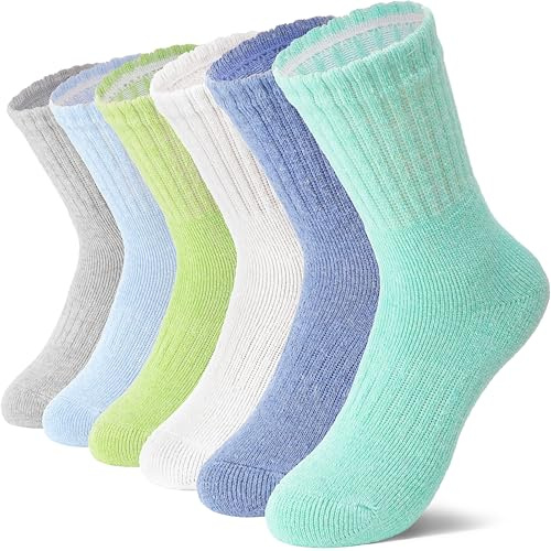 MOSEY KOSY 6 Pairs Kids Merino Wool Walking Hiking Socks Boys Girls Toddlers Winter Thermal Thick Warm Cushion Crew Boot Socks(Bright Colors,12-15 Years)