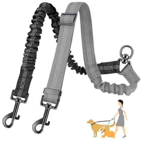OUDQFCJ Correa Doble para Perros, Sin Enredos, 360° Rotatable, Reflectante, Doble Divisor de Correa para Perro, con Dos Asas Acolchadas, Multiposicion Perro, para pasear a 2 Perros(Negro+Gris)