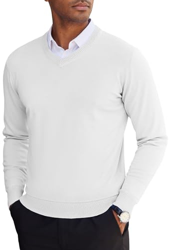 COOFANDY Jersey Hombre de Invierno Suéter de Punto con Cuello en V Pullover de Manga Larga Sueter Informal Casual Jersey Trabajo Ligero Blanco XL