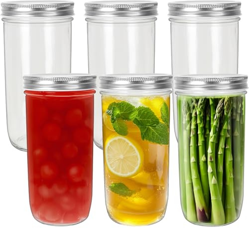 HYCKee 720ml 6 Pack Mason Glass Jars with AirTight Lids and Bands, Wide Mouth Canning Jars for Jelly, Jam, Honey, Wedding Favors, Spices and Herbs