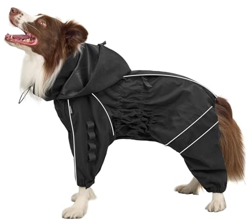 OneTigris Regenmantel Hund, RIDERSTORM Regenjacke wasserdichte Kältebeständig mit Abnehmbarer Kapuze Reflektierender Verstellbarer Hunderegenjacke Maschinenwaschbar Schwarz M