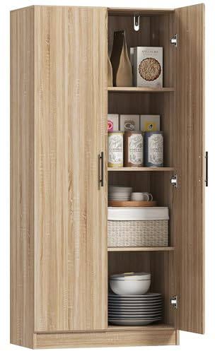 HOMCOM Credenza Cucina con Ante a Chiusura Ammortizzata, Dispensa Cucina con 2 Ripiani Regolabili, Mobile Dispensa per Soggiorno, Sala da Pranzo, Salotto, 75x40x165 cm, Color Legno