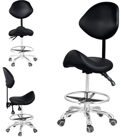 Generisch Tabouret de selle avec support dorsal - Repose-pieds hydraulique résistant - Rotatif - Tabouret réglable - Chaise pour salon, spa, beauté, massage, clinique dentaire, bureau à domicile
