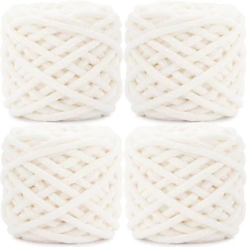 Cnwinu 4-pack Tjockt Garn, Tjockt Ull för Stickning 100 g Bollar, Flerfärgade Mjuka Chenillegarn, Stickgarn för Stickning & Virkning av Filt, Kudde, Djursängar, Väskor, Hattar, Sjal (Mjölkvit)