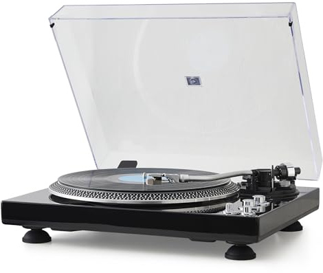 PROSUCO Hi-Fi Belt-Drive Turntable with Premium Cartridge, Pitch Control ±10%, Auto-Return Tonearm, 2-Speed 33/45 RPM Vinyl Player, Glossy Black Finish