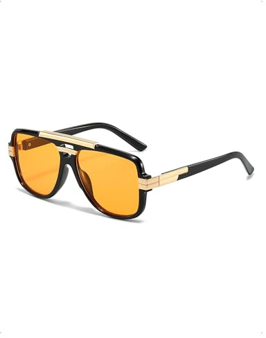 EMOTTOS Gafas de Sol Polarizadas Retro Cuadradas, Gafas Sol Mujer y Hombre con Doble Puente, Vintage Sunglasses Men Polarizadas con Protección UV400 y Cristales Amarillos, para Viajar, Fiestas, Playa