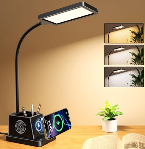 Lámpara de Escritorio LED 15W con Cargador Inalámbrico 15W, Regulable, Tactil, 3 Tonos & 4 Brillos, Temporizador de 60min, Luz de Lectura con RGB Ambiental, Portalápices, para Estudio/Oficina (Negro)