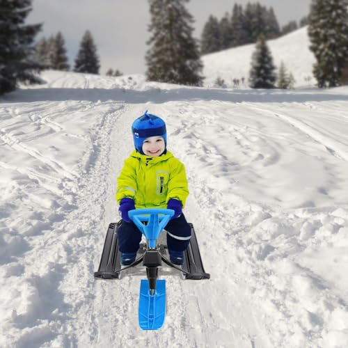 Trineo con freno para niños y adultos, capacidad de carga de 100 kg, con volante, pedal antideslizante, asiento de poliuretano, trineo de carreras, trineo de invierno, juguete de invierno