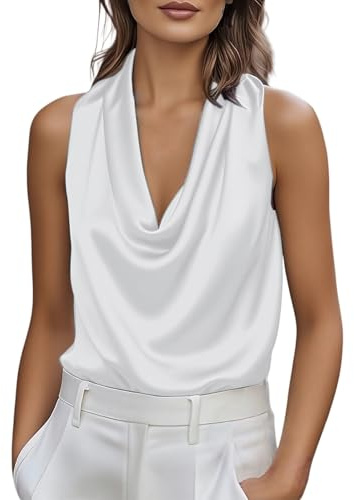 Generico Camisa de mujer de satén sin mangas cuello de cascada ajuste suave acampanada efecto adelgazante Top elegante versátil color sólido ligero transpirable verano cómodo camisas de oficina, Color