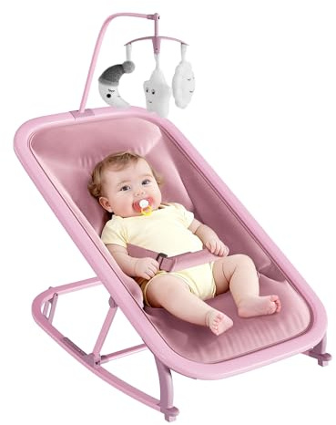 Garvee Silla Mecedora para Bebé 0-12 Meses - Hamaca Infantil Plegable con Respaldo 3 Posiciones, Barra de Juegos, Arnés 5 Puntos, Funda Desmontable, Estructura Aluminio Ligera - Rosa