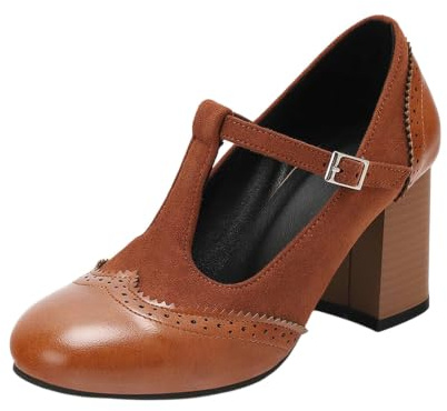 Zapatos de tacón con Tira en T y Hebilla, Estilo Moderno, Ideales para Eventos nocturnos y Fiestas, Mujer, Punta Redonda, tacón Grueso y Estable.