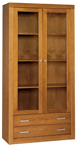 Moblit Vitrina Libreria de Dos Puertas Y Dos Cajones Realizada en Madera de Pino Maciza Serie Kalpa Color Cerezo Medidas (200X100X37) cm (Alto-Ancho-Fondo) Robusta Y Duradera