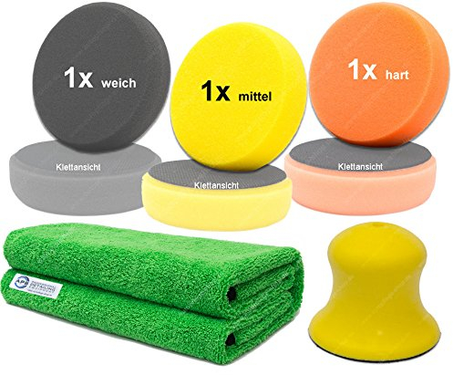 APS Polishing Buddy + APS Polierschwämme 85mm in 3 Härten + Microfaser-Lackpflegetuch (Advanced - 3 Pads)