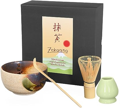 Aricola® Matcha Starter Set 4-teilig bestehend aus: Original japanische Matcha-Schale handglasiert beige/braun 450ml, Matcha-Löffel, Matcha-Besen (Bambus) und Besenhalter in eleganter Geschenkbox