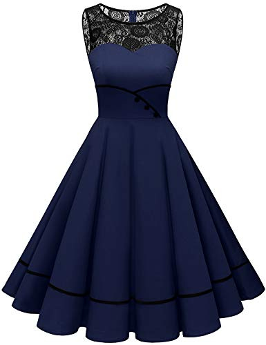 Bbonlinedress Robe de Soirée Cocktail Vintage Femme Années 50s 60s Style Audrey Hepburn pour Fête Mariage Bal Promo Baptême Gala Ligne A Pin Up Navy L