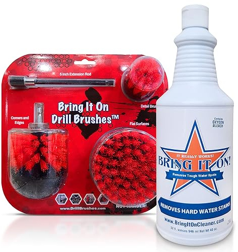 Bring It On Cleaner Drill Brush Attachment Set Three Brushes| Power Scrubber Brush Cleaning Kit | Plus 6 Inch Extension, Use On Grout, Cars, Bathroom Surfaces, Tile, Baseboard, Shower and Tubs