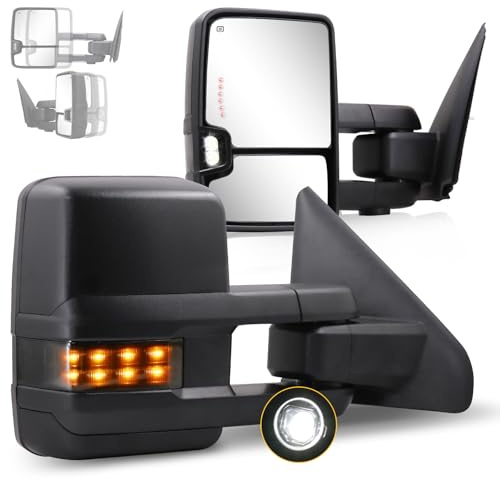 Towing Mirrors for 2002-2008 Dodge Ram 1500, 2003-2009 Dodge Ram 2500 3500 with Power Glass Heated Function Turn Signal Light Puddle Lamp Running and Backup Light Pair Set (Smoke lens)