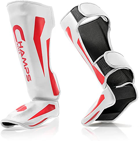 Champs MMA Schienbeinschoner für Kampfsport,gepolsterter, verstellbarer Muay Thai Beinschutz mit Ristschutz für Kickboxen/MMA Training und Sparring, professionelle MMA Ausrüstung (klein, weiß)